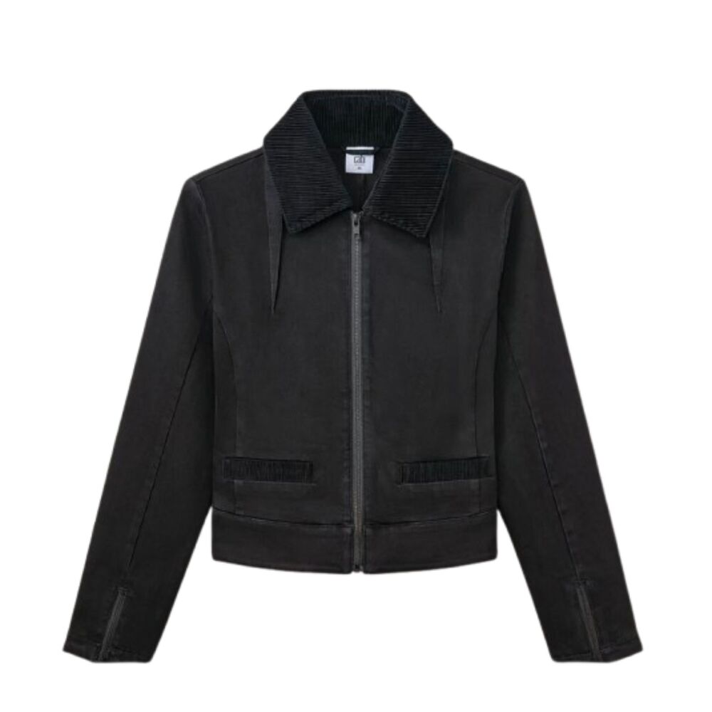 CABI Black Zip Front Corduroy Collar Pockets Moto Style Jacket Size Medium